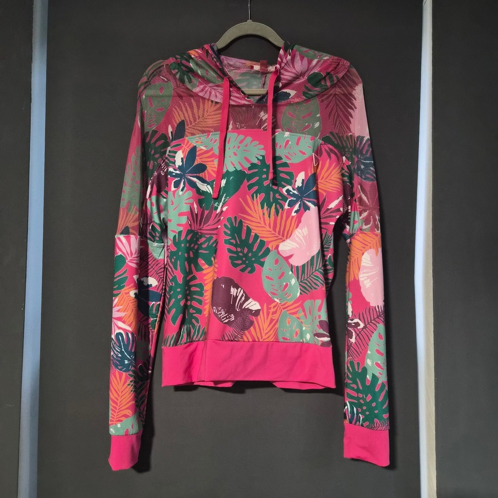 Guess Los Angeles Womens Tropical Palm Print Mesh Activewear Hoodie Pink Medium
